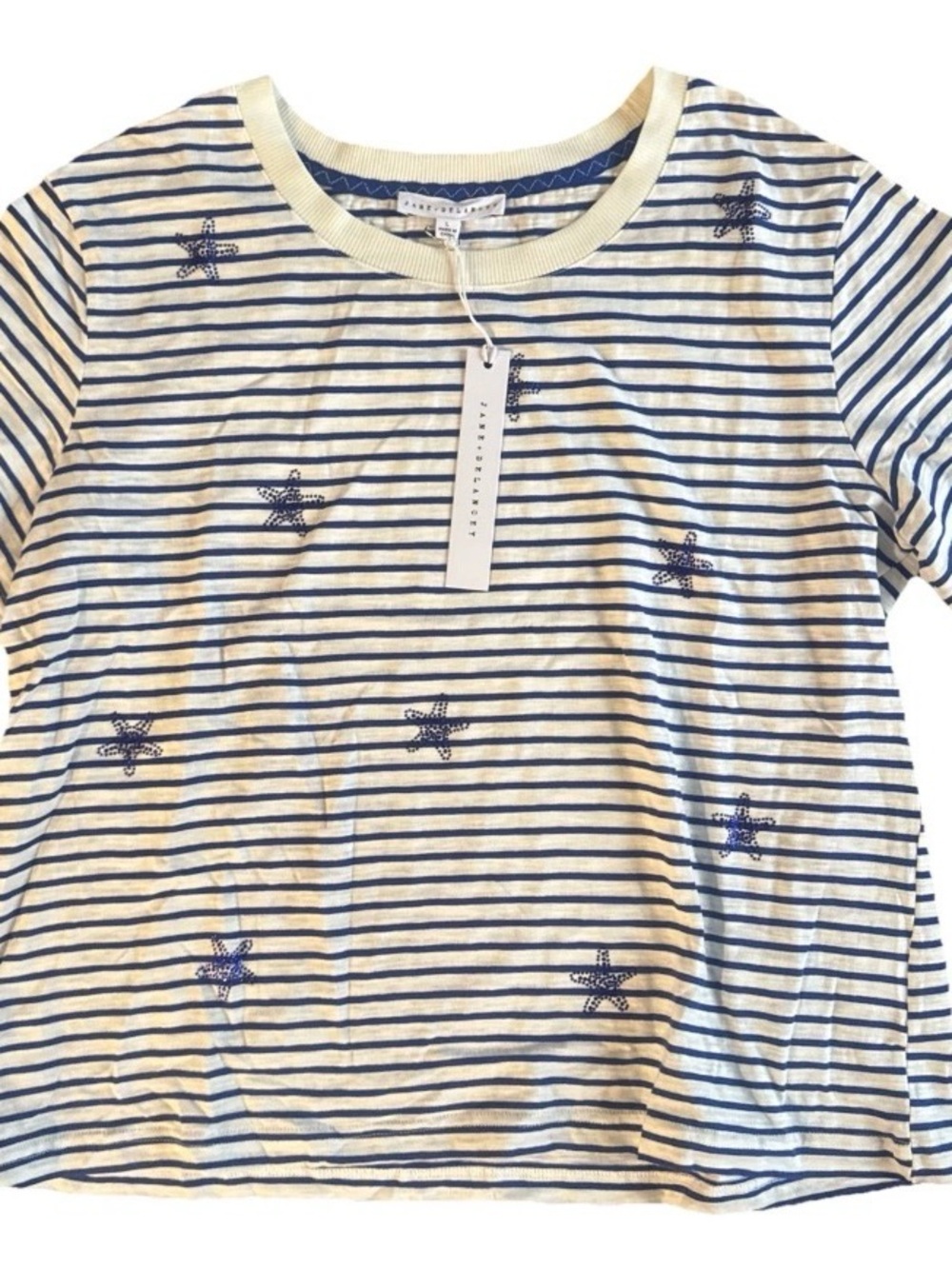 Jane + Delancey Nautical Stars Striped Cotton Tee L Blue July 4th Embellished